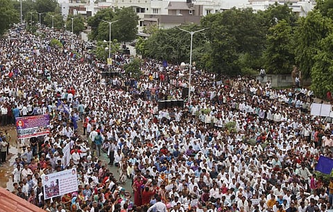 In this July 31,2016 image, members of the Dalit community gather for a rally in Ahmadabad to protest the assault on four men while trying to skin a dead cow in western India. (Photo | AP)