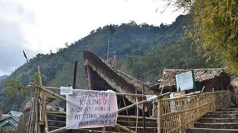 Placards put up at Hornbill festival on Dec 5, 2021, in solidarity with civilians killed in Nagaland's Mon. (File | PTI)