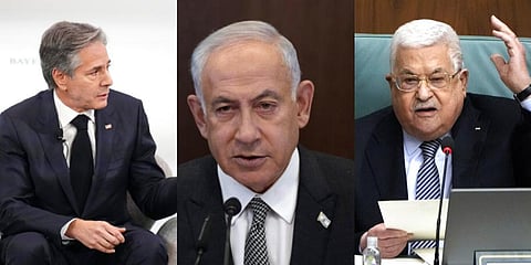 A collage of (from L to R) US Secretary of State Antony Blinken, Israel Prime Minister Benjamin Netanyahu and Palestinian President Mahmoud Abbas. (File Photo | AP)