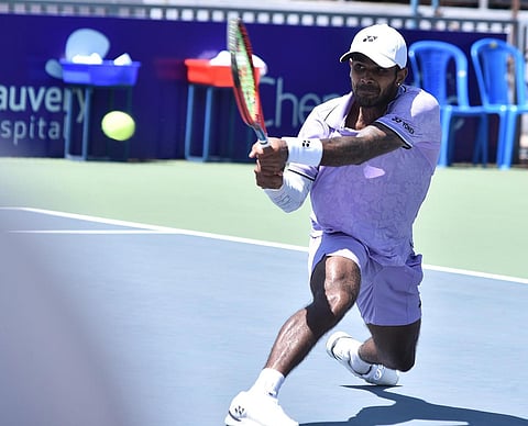India's Sumit Nagal in action against Nicolas De Alboran at the Chennai Open on Saturday. (Photo | P Jawahar, EPS)