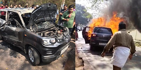 The car caught fire as the family while the family travelling to the hospital. (Photo | Special arrangement)