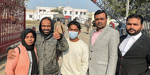 Journalist Siddique Kappan with his wife Raihana, son Muzammil and lawyer Mohamed Dhanish KS after he was released from the Lucknow District Jail.(Photo | PTI)