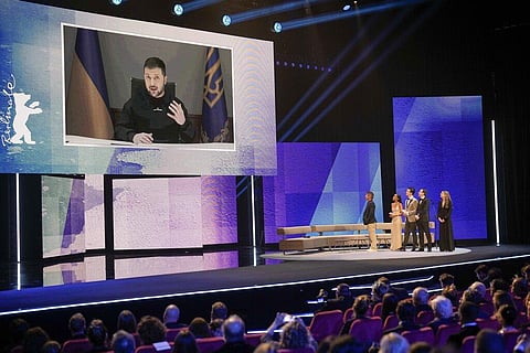 Ukrainian President Volodymyr Zelenskyy addresses the audience via video link during the opening ceremony at the International Film Festival Berlin 'Berlinale', in Berlin, Germany. (Photo | AP)
