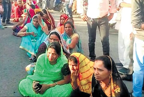 Gujjar women protest following the OBC and Dalit clash in Chhapra village of Khargone district. (Photo | Express)
