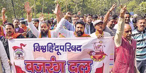 VHP, Bajrang Dal members stage protest demandeding CBI inquiry into Bhiwani’s murder case in Gurugram on Saturday | PTI
