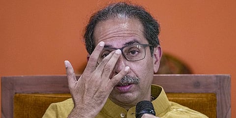 Former Maharashtra chief minister Uddhav Thackeray addresses a press conference at Shiv Sena Bhavan in Mumbai, Monday, Feb. 20, 2023. (Photo | PTI)