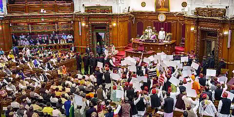 SP leaders protest as UP Governor Anandiben Patel addresses the joint sitting of both Houses during the Budget Session of Uttar Pradesh Assembly, at Vidhan Bhawan in Lucknow. (Photo | PTI)