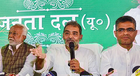Janta Dal (United) National Parliamentry Board President Upendra Kushwaha addresses a press conference, in Patna, on 20 Feb 2023. (Photo | PTI)