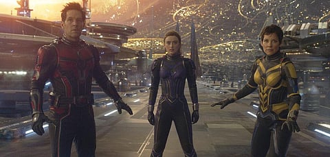 This image released by Disney shows Paul Rudd, from left, Kathryn Newton and Evangeline Lilly in a scene from 'Ant-Man and the Wasp: Quantumania.' (Photo | AP)