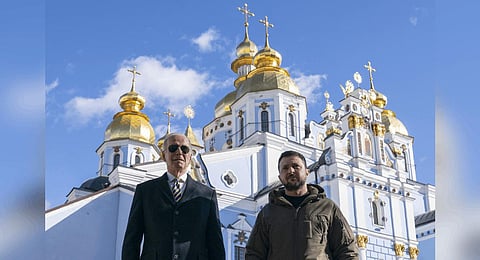 President Joe Biden walks with Ukrainian President Volodymyr Zelenskyy at St. Michael's Golden-Domed Cathedral on a surprise visit, Monday, Feb. 20, 2023.(Photo | AP)