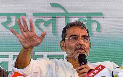 Rebel Janata Dal (United) leader Upendra Kushwaha addresses a press conference and announced his new political outfit 'Rashtriya Lok Janta Dal', in Patna, Feb. 20, 2023. (Photo | PTI)