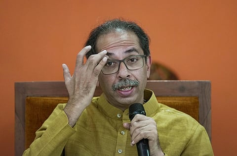 Former Maharashtra chief minister Uddhav Thackeray addresses a press conference at Shiv Sena Bhavan in Mumbai, Monday, Feb. 20, 2023. (Photo | PTI)