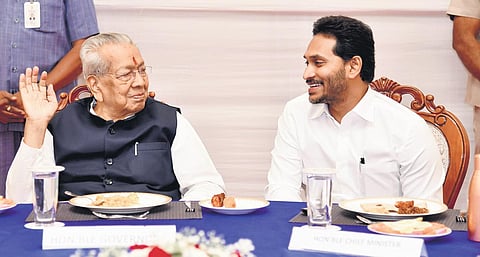 CM YS Jagan Mohan Reddy during the farewell event of Governor Biswa Bhusan Harichandan in Vijayawada on Tuesday I Express