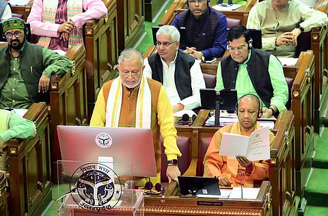 Uttar Pradesh Finance Minister Suresh Khanna presents the State Budget during the Budget Session of the State Assembly, in Lucknow, on Feb. 22, 2023. (Photo | ANI)