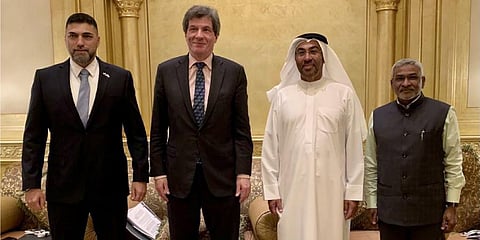 Envoys from India, Israel, UAE and USA pose for a photo op at the I2U2 forum in Abu Dhabi, Feb. 22, 2023. (Photo | Twitter @MEAIndia)