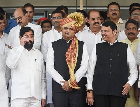 Maharashtra Assembly Speaker Rahul Narvekar with Maharashtra CM Eknath Shinde and Deputy CM Devendra Fadnavis. (Photo | PTI)