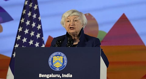 U.S. Treasury Secretary Janet Yellen speaks during a press conference at the G-20 financial conclave on the outskirts of Bengaluru, India, Thursday, Feb. 23, 2023.(Photo | AP)
