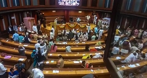Ruckus between BJP & AAP members inside the MCD house over the election of members of the standing committee at Civic Centre in New Delhi, Feb. 22, 2023. (Photo |PTI)
