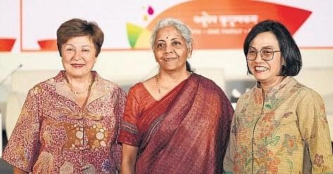 From left: IMF Managing Director Kristalina Georgieva with Union Finance Minister Nirmala Sitharaman and Indonesian Finance Minister Dr Sri Mulyani Indrawati