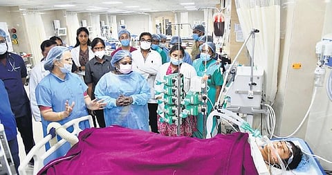 Governor Tamilisai Soundararajan enquires about Preethi’s condition with doctors during her visit to NIMS in Hyderabad on Thursday