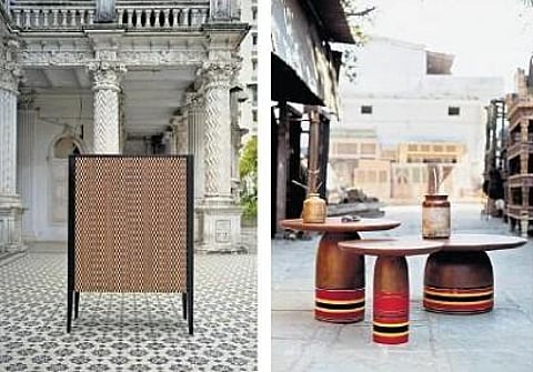 Bar cabinet from the Jadeli collection and tables from the Laakh collection