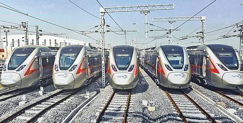 Metro trains halt in their tracks at the Sahibabad Station of the Delhi Regional Rapid Transit System during a media visit, in Ghaziabad, Friday | PTI