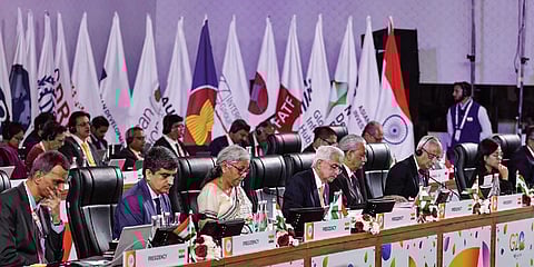 Union Finance Minister Nirmala Sitharaman with Reserve Bank of India Governor Shaktikanta Das and other dignitaries during the 1st G20 Finance Ministers meet. (Photo | PTI)