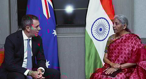 In this handout photo released by Indian Finance Ministry, Australia's Treasurer Jim Chalmers, left, meets with Indian Finance Minister Nirmala Sitharaman. (Photo | AP)
