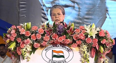 Senior Congress leader Sonia Gandhi speaks during the 85th Plenary Session of the Indian National Congress.(Photo | Screengrab, Twitter INCIndia)