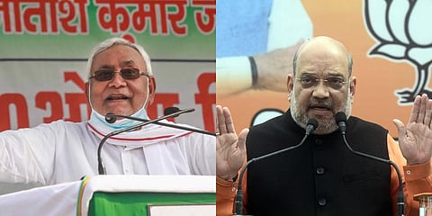 A collage of Bihar Chief Minister Nitish Kumar (L) and Union Home Minister Amit Shah. (File photo | PTI)
