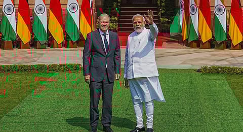 Prime Minister Narendra Modi with German Chancellor Olaf Scholz prior to their meeting at the Hyderabad House.(Photo | PTI)