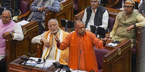 Uttar Pradesh Chief Minister Yogi Adityanath speaks during the Budget Session of UP Assembly. (Photo | PTI)