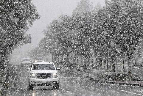 A vehicle makes its way across Wilson Avenue in Rancho Cucamonga, Calif., as snow begins to blanket the area at approximately the 1,500 foot level on Saturday, Feb. 25, 2023. (Photo | AP)
