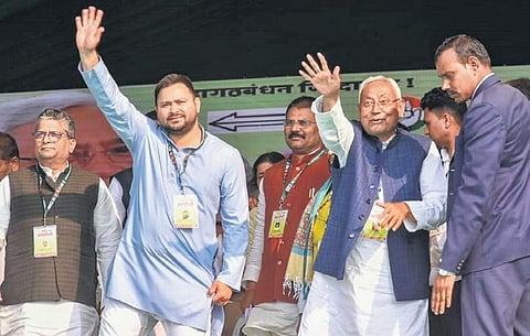 Bihar CM Nitish Kumar and Deputy CM Tejashwi Yadav during a Grand Alliance rally in Purnea on Saturday. (Photo | PTI)