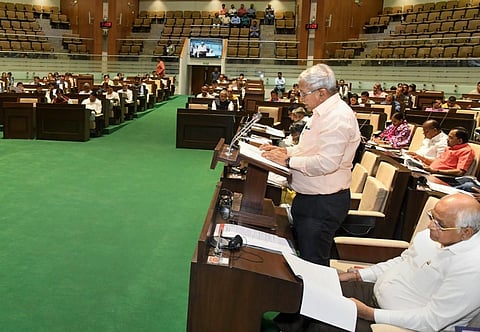 Gujarat Finance Minister Kanubhai Desai presents the State Budget 2023-24 in the Assembly, in Gandhinagar, Friday, Feb. 24, 2023. (Photo | PTI)