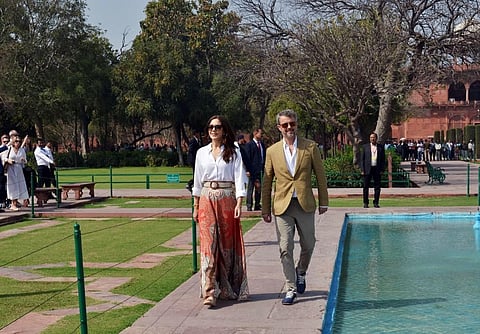 Denmark's Crown Prince Frederik André Henrik Christian and Crown Princess Mary Elizabeth visit the Taj Mahal, in Agra on Sunday. (Photo | ANI)