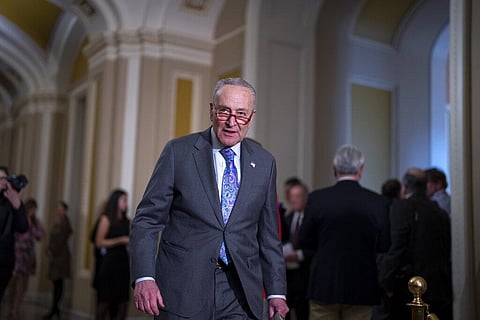 Senate Majority Leader Chuck Schumer, D-N.Y., arrives to speak with reporters following a Democratic Caucus meeting, at the Capitol in Washington, Tuesday, Feb. 14, 2023. (Photo | AP)