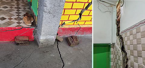 Cracks that appeared in houses at Nai Basti area in Doda district, Jammu and Kashmir. (Photo | PTI)