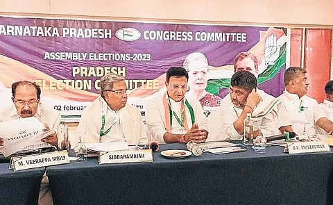(From left) Congress leaders Veerappa Moily, Siddaramaiah, Randeep Singh Surjewala and DK Shivakumar at the party election committee meeting in Bengaluru on Thursday | Express
