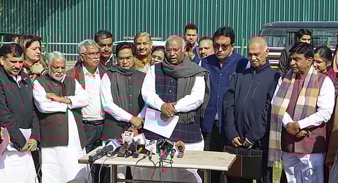 Leader of Opposition Mallikarjun Kharge with other opposition parties MPs addresses the media. (Photo | PTI)