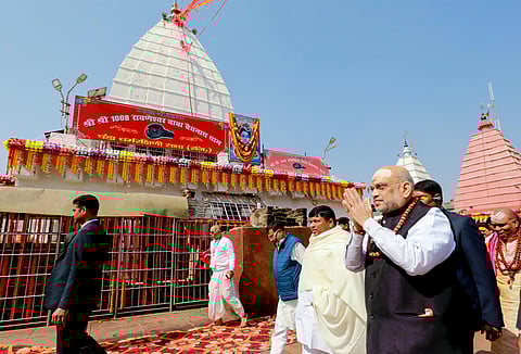 Union Home Minister Amit Shah during his visit to Baba Baidyanath Dham in Deoghar (Photo | PTI)