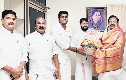 BJP national general secretary CT Ravi and party’s state president K Annamalai greeting AIADMK leader Palaniswami at the latter’s residence in Chennai | Express