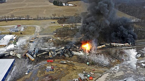 This photo taken with a drone shows portions of a Norfolk and Southern freight train that derailed Friday night in East Palestine, Ohio. (Photo | AP)