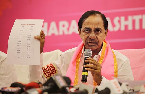 Telangana Chief Minister K Chandrashekhar Rao addressing media in Nanded, Maharashtra on 5 February 2023. (Express)