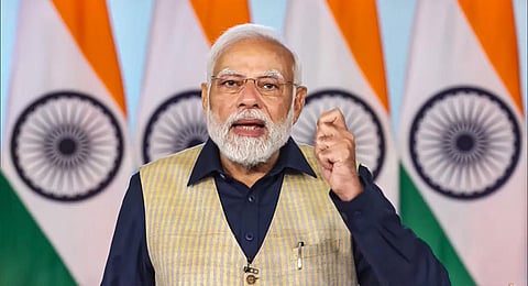 Prime Minister Narendra Modi speaks during the 'Khel Mahakumbh' being held in Jaipur, via video conferencing, in New Delhi. (Photo | PTI)