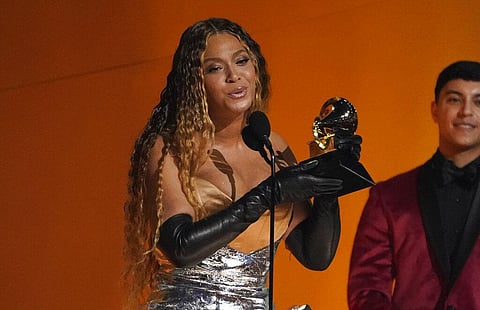 Beyonce accepts the award for best dance/electronic music album for 'Renaissance' at the 65th annual Grammy Awards. (Photo | AP)