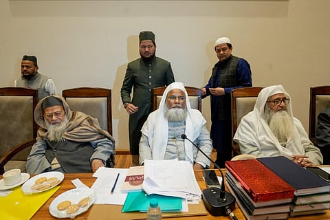 All India Muslim Personal Law Board (AIMPLB) President Rabey Hasani Nadwi (C) during the AIMPLB executive board meeting, at Darul Uloom Nadwatul Ulama in Lucknow. (Photo | PTI)