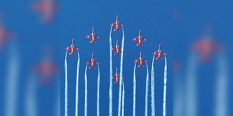 The Surya Kiran aerobatics team of Indian Air Force making a formation during the aerobatic display at Shankhumukham on Sunday | B P Deepu