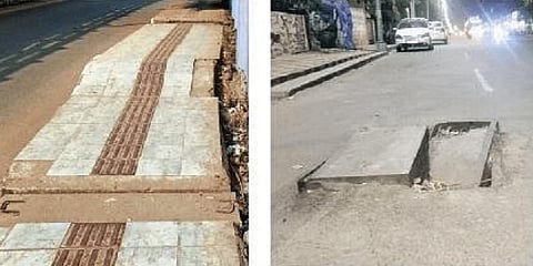 Tiles missing from the pavement along the boundary wall of RGH and damaged cable ducting chamber on the road near Urban Cooperative Bank at Uditnagar