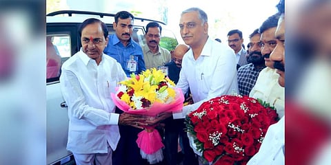 Telangana Chief Minister KC Rao with Finance Minister T Harish Rao before presenting the budget. (Photo | Twitter)